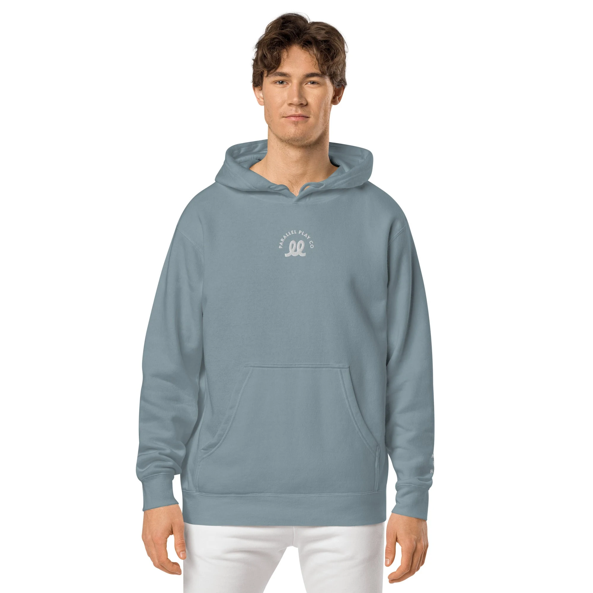 Slate blue pigment-dyed hoodie with embroidered PPC loop